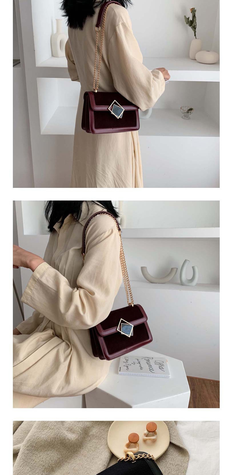 Fashion Red Wine Leopard Stitching Chain Diagonal Shoulder Bag,Shoulder bags
