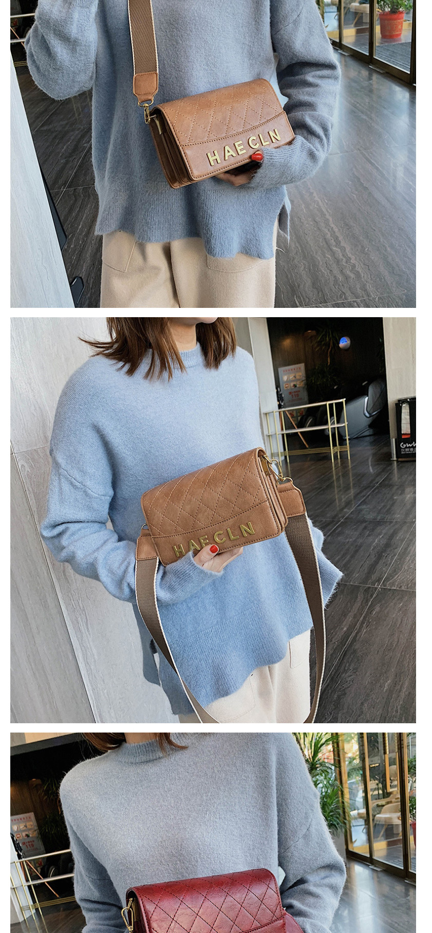 Fashion Brown Broadband Rhombic Embroidery Line Shoulder Messenger Bag,Shoulder bags