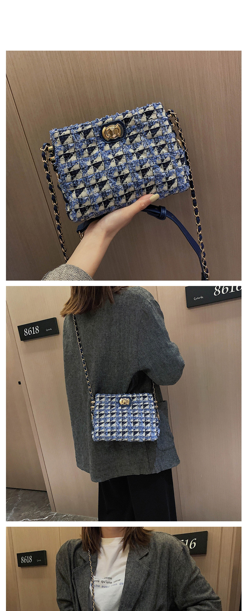 Fashion Blue Woolen Plaid Chain Crossbody Shoulder Bag,Shoulder bags