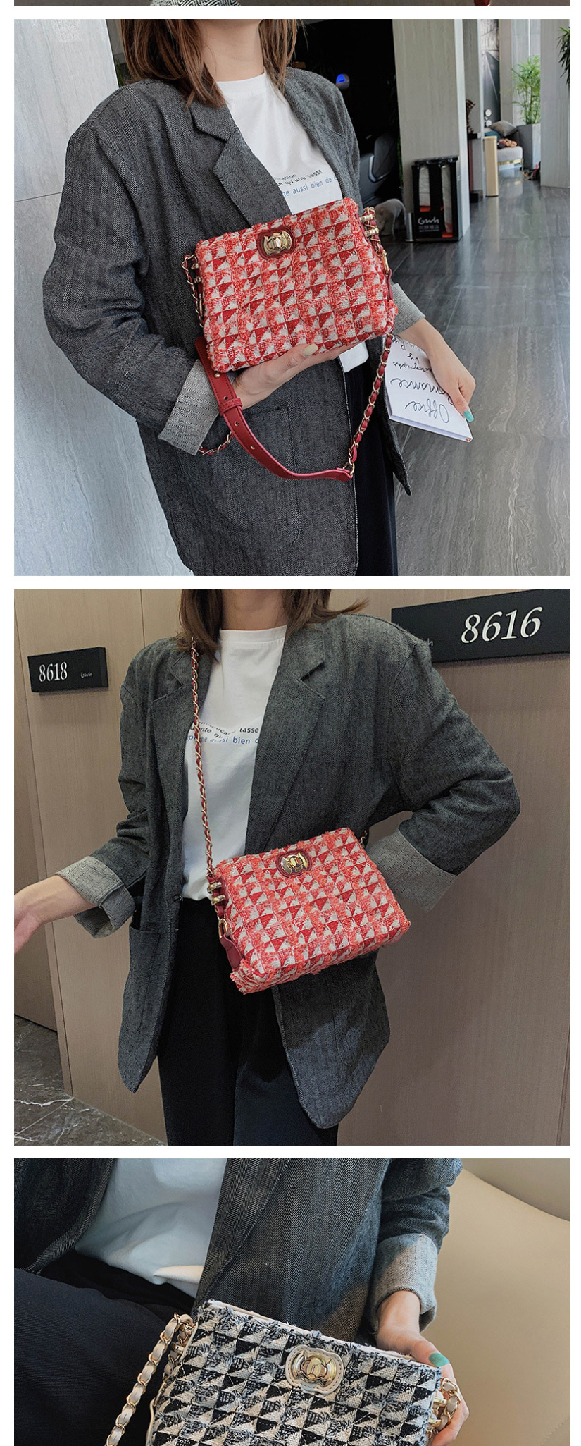Fashion Red Woolen Plaid Chain Crossbody Shoulder Bag,Shoulder bags
