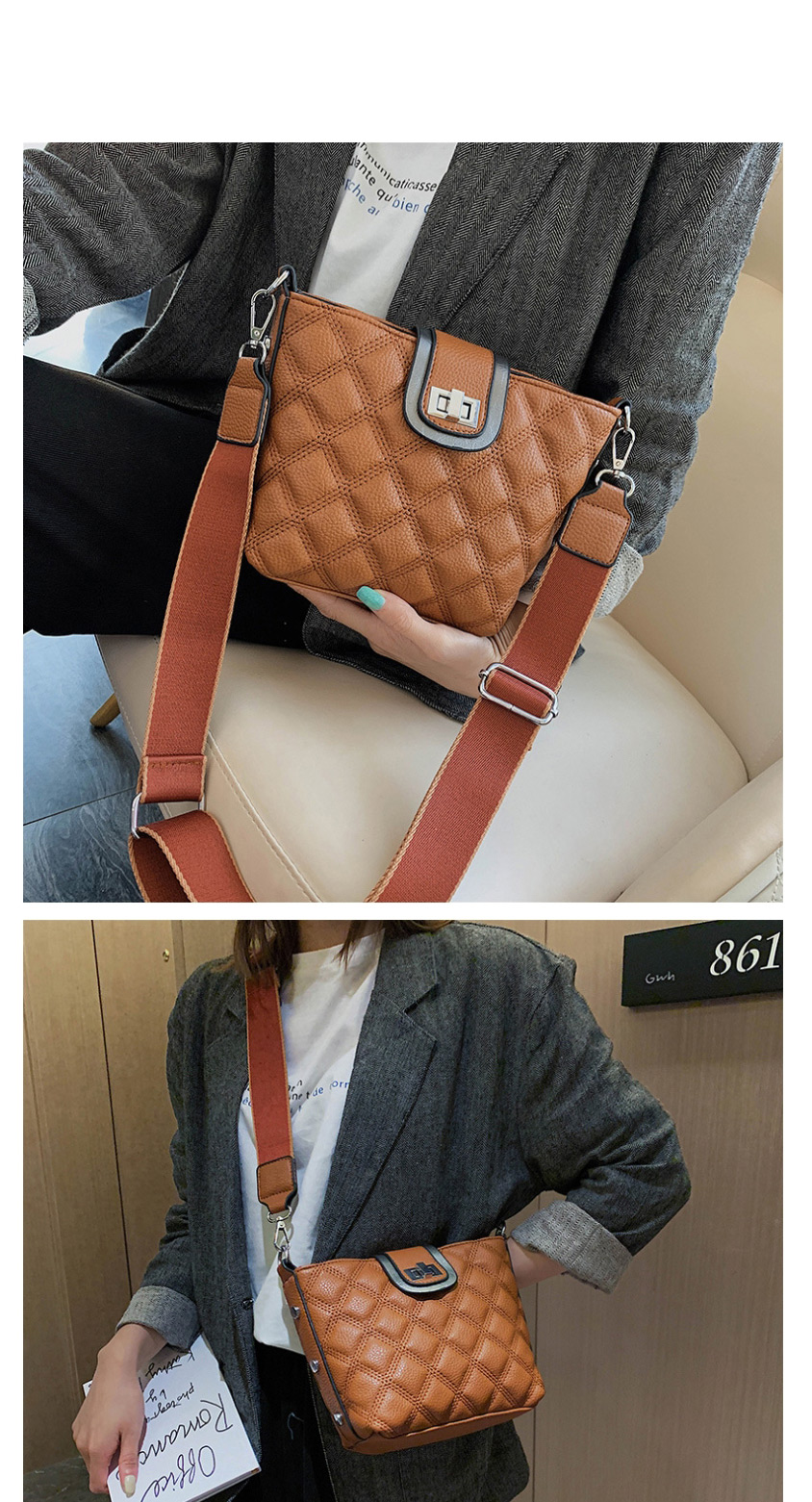 Fashion Coffee Color Lingge Embroidery Line Shoulder Messenger Bag,Shoulder bags