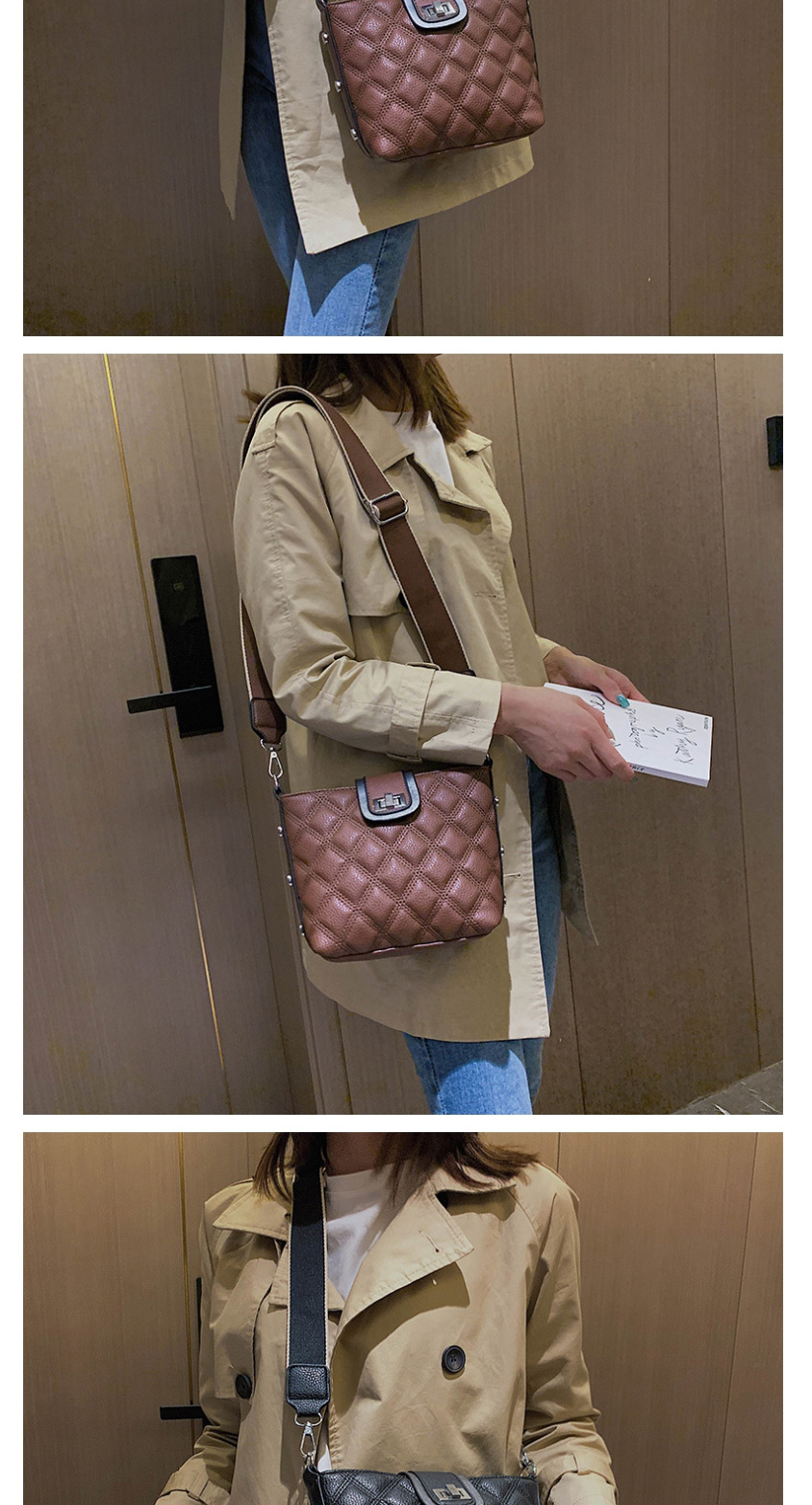 Fashion Coffee Color Lingge Embroidery Line Shoulder Messenger Bag,Shoulder bags