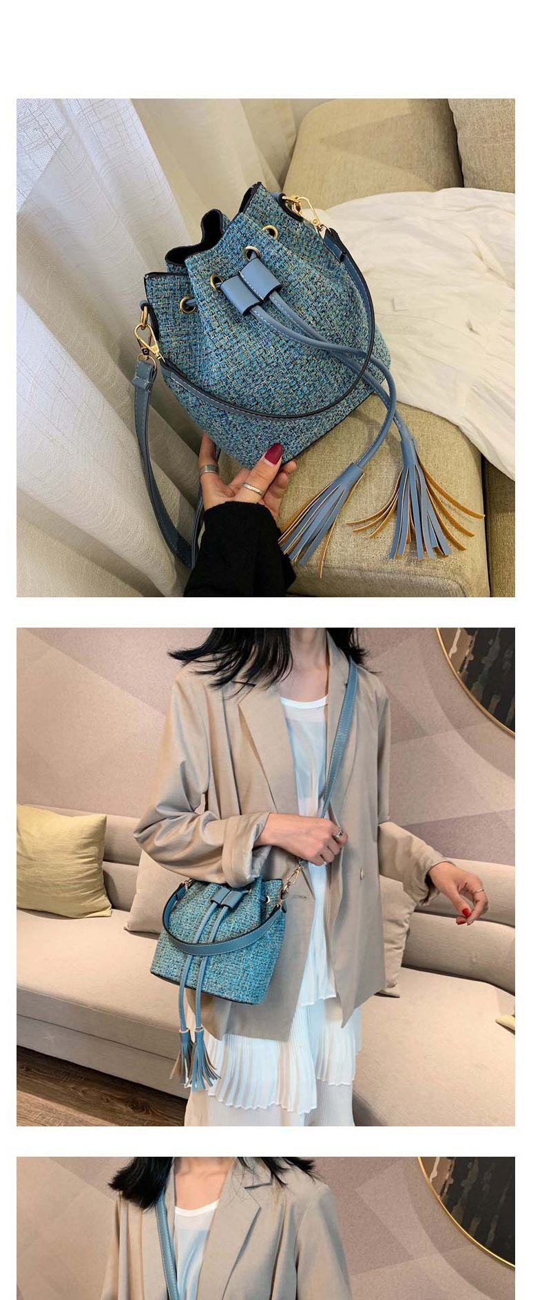 Fashion Blue Woolen Belt Tassel Crossbody Shoulder Bag,Shoulder bags