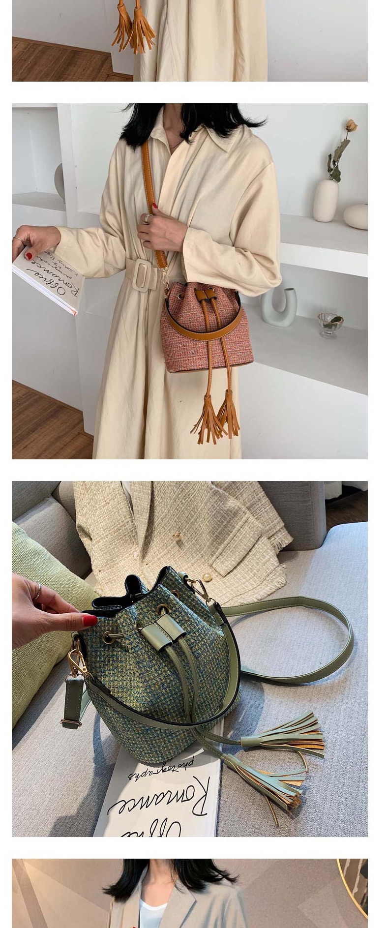 Fashion Green Woolen Belt Tassel Crossbody Shoulder Bag,Shoulder bags