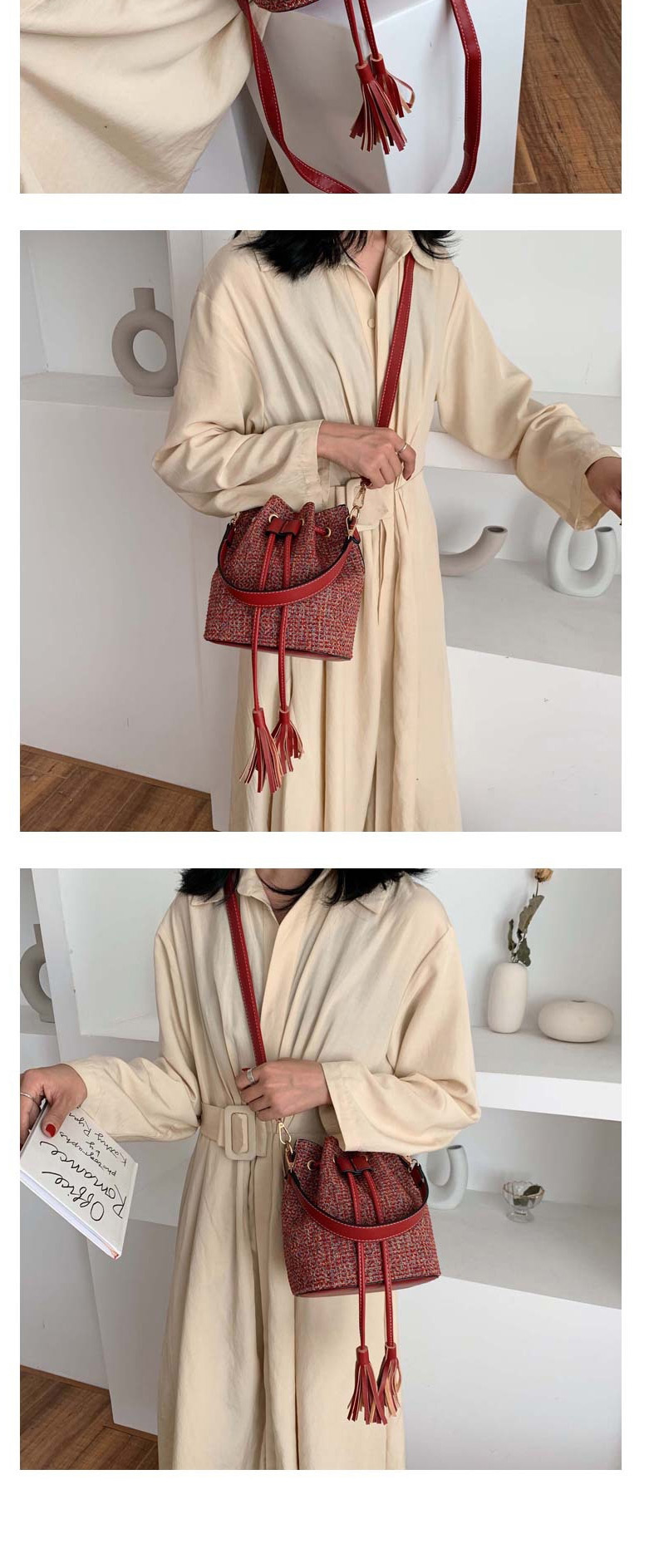 Fashion Red Woolen Belt Tassel Crossbody Shoulder Bag,Shoulder bags
