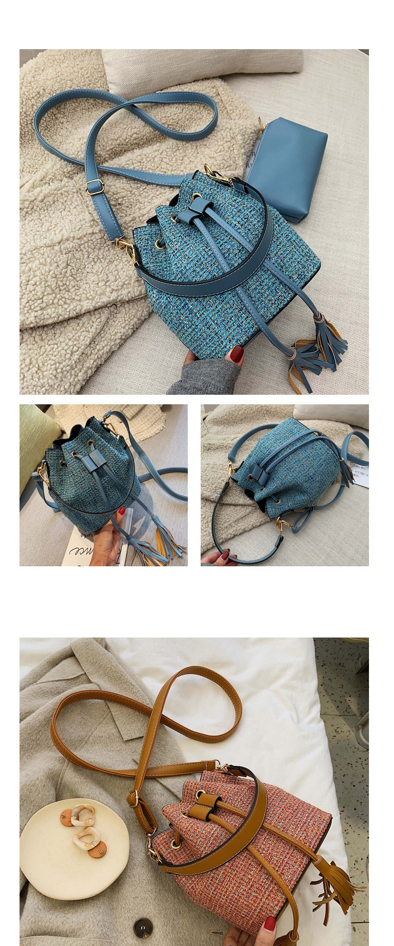 Fashion Blue Woolen Belt Tassel Crossbody Shoulder Bag,Shoulder bags