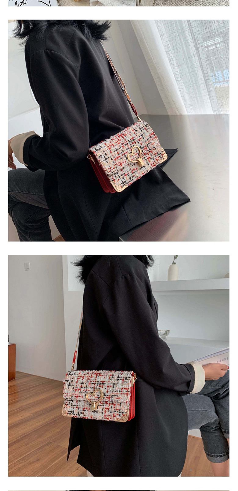 Fashion Black Checkered One-shoulder Broadband Crossbody Bag,Shoulder bags