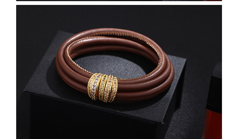 Fashion Brown Copper Inlaid Zirconium Multi-turn Leather Bracelet,Fashion Bracelets