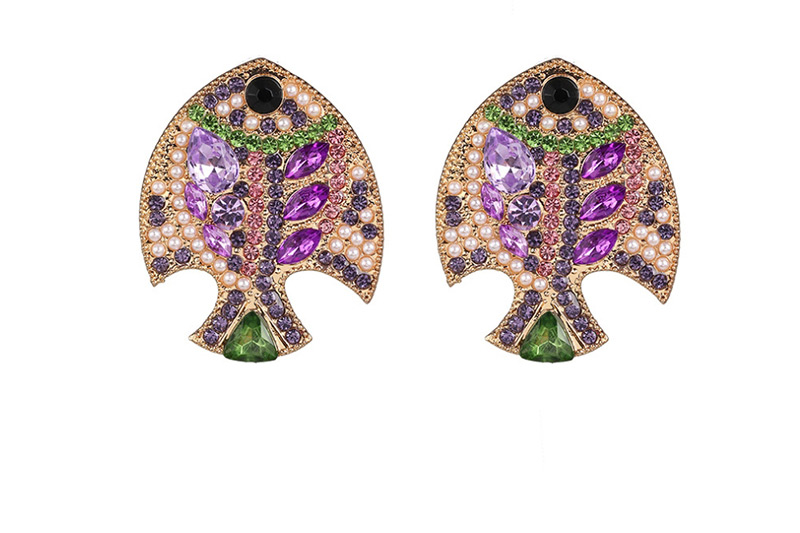 Fashion Purple Plated Crystal Diamond Fish Earrings,Stud Earrings