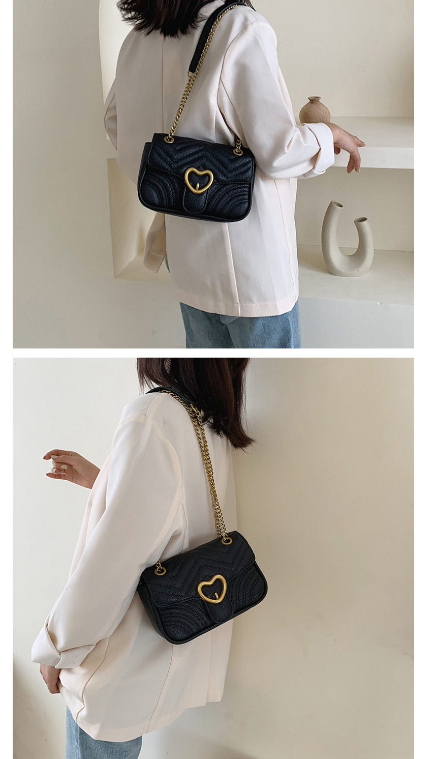 Fashion Black Heart-shaped Lock Collar Messenger Handbag,Handbags