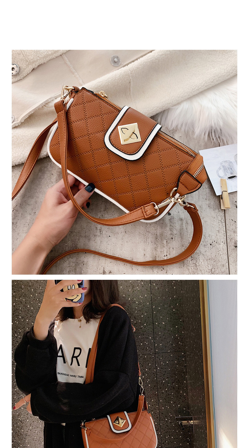 Fashion Brown Lingge Embroidery Thread Shoulder Bag,Handbags
