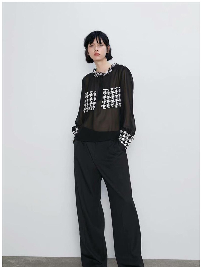 Fashion Black Tweed Stitching Shirt,Blouses