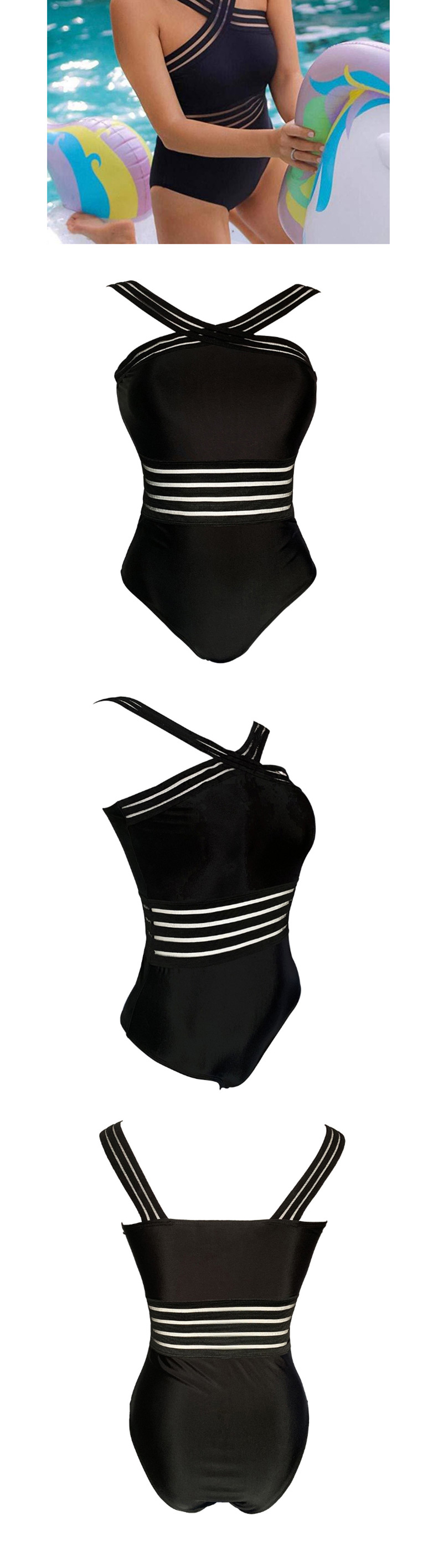 Fashion Black Cross Ribbon Bandage One Piece Swimsuit,One Pieces