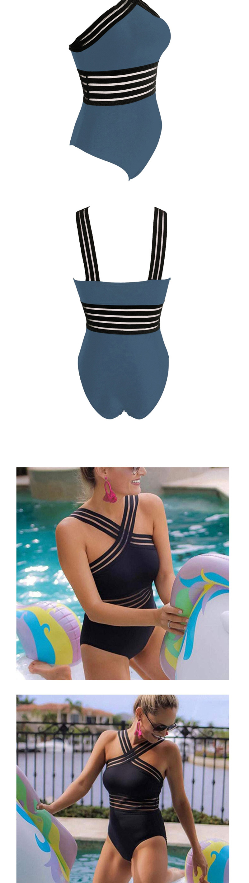 Fashion Blue Cross Ribbon Bandage One Piece Swimsuit,One Pieces