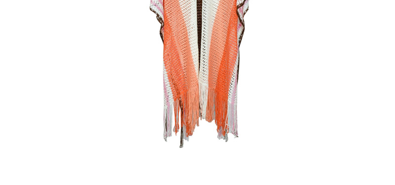 Fashion Pink Cutout Color Matching Knit Tassel Shawl Blouse,Sunscreen Shirts