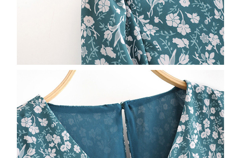 Fashion Green Printed Back Cutout Openwork V-neck Long Sleeve Dress,Mini & Short Dresses