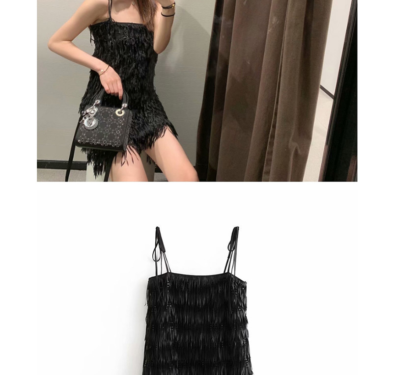 Fashion Black Fringed Beaded Strap Dress,Mini & Short Dresses
