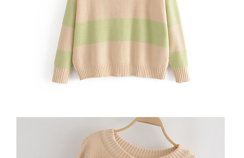 Fashion Apricot + Green Bandage Bow Striped One-shoulder Sweater,Sweater