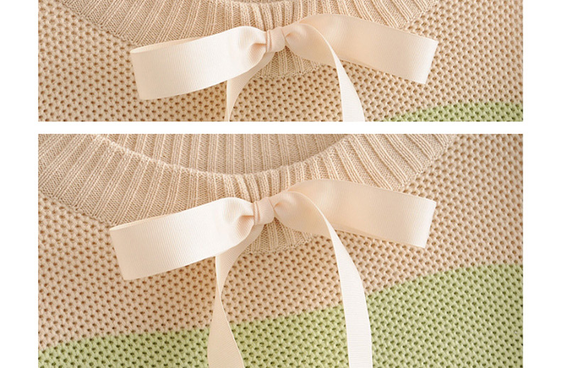 Fashion Apricot + Green Bandage Bow Striped One-shoulder Sweater,Sweater