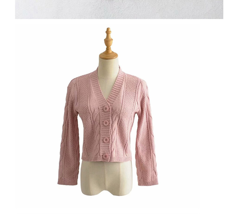Fashion Pink Twisted V-neck Single-breasted Cardigan Sweater,Sweater