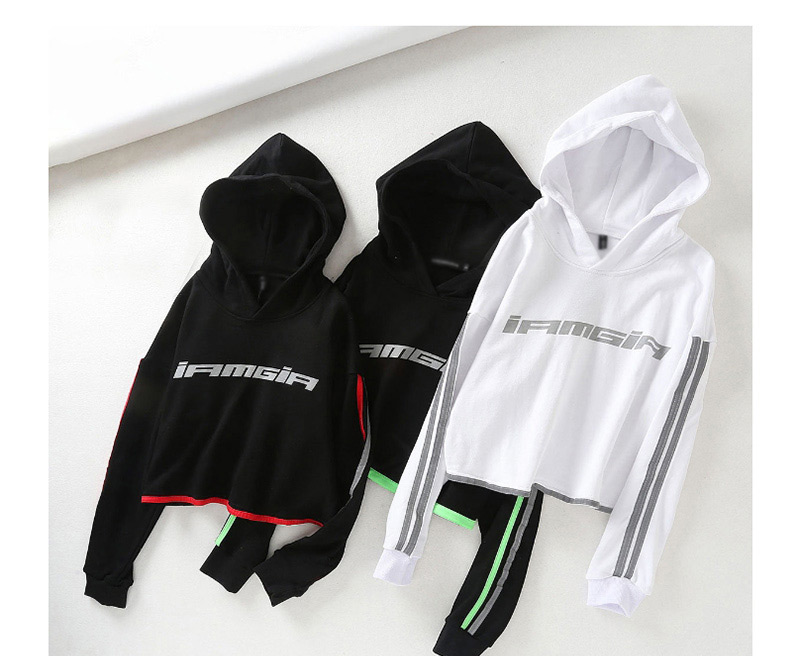 Fashion Black Red Strip Splicing Contrast Hooded Reflective Sweater,Blouses