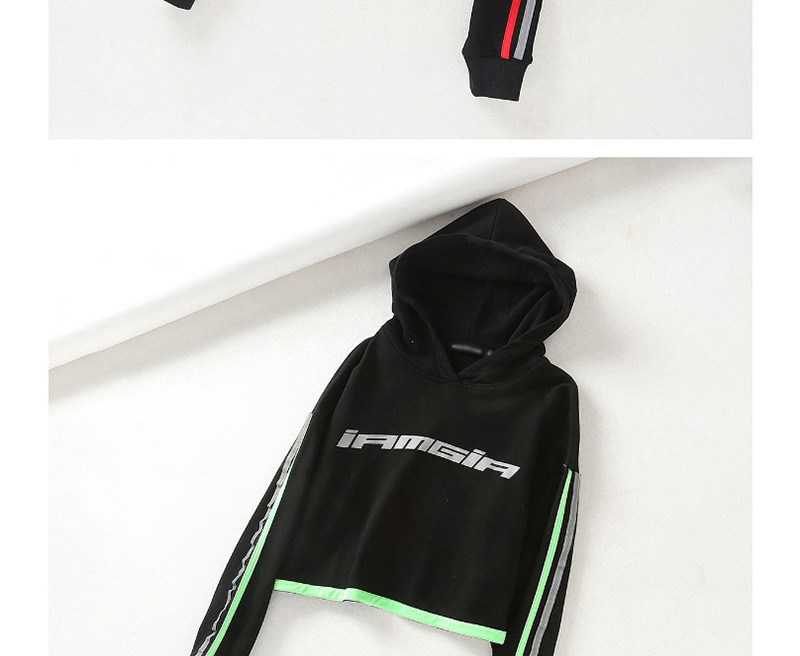 Fashion Black Green Strip Splicing Contrast Hooded Reflective Sweater,Blouses