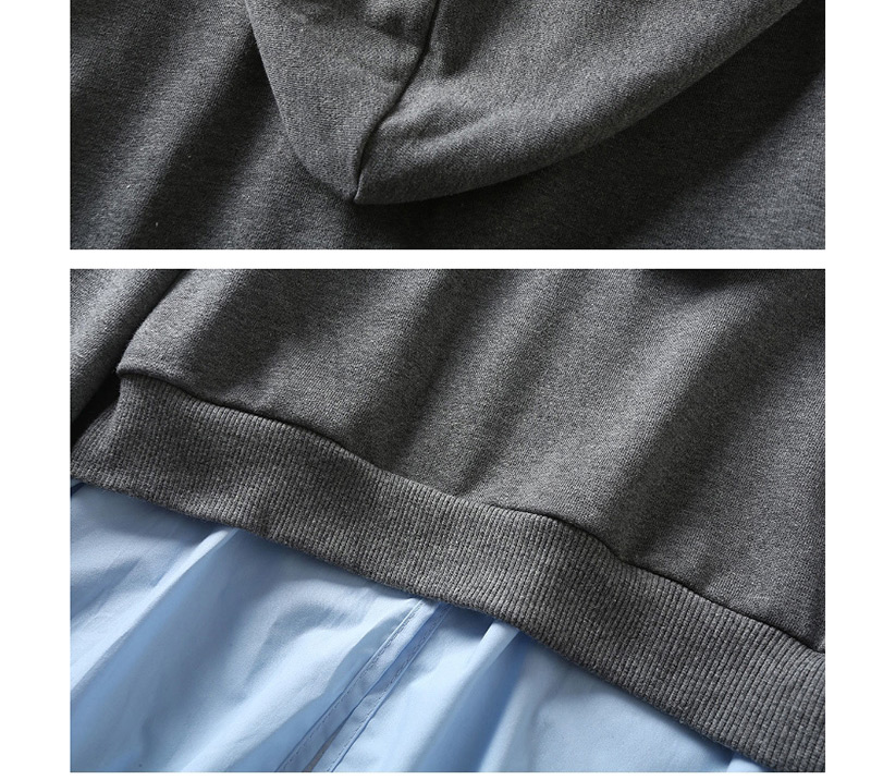 Fashion Gray + Blue Splicing Hem Split Split Fake Two-piece Hoodie,Blouses