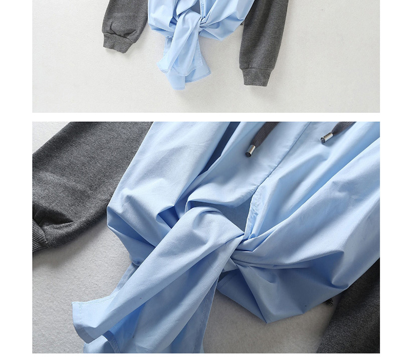 Fashion Gray + Blue Splicing Hem Split Split Fake Two-piece Hoodie,Blouses