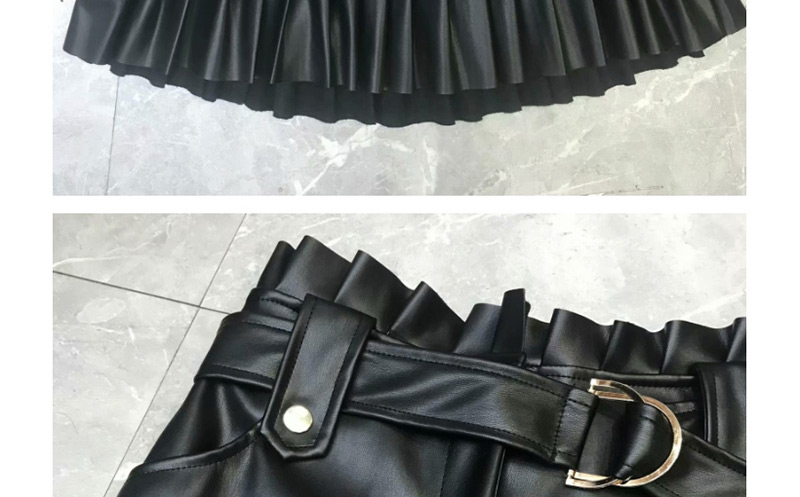 Fashion Black Small Pleated Faux Leather Skirt,Skirts