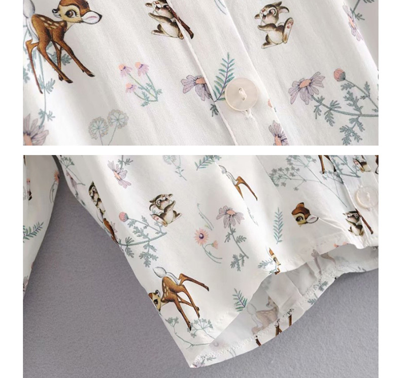 Fashion White Animal Flower Print Lapel Shirt,Blouses