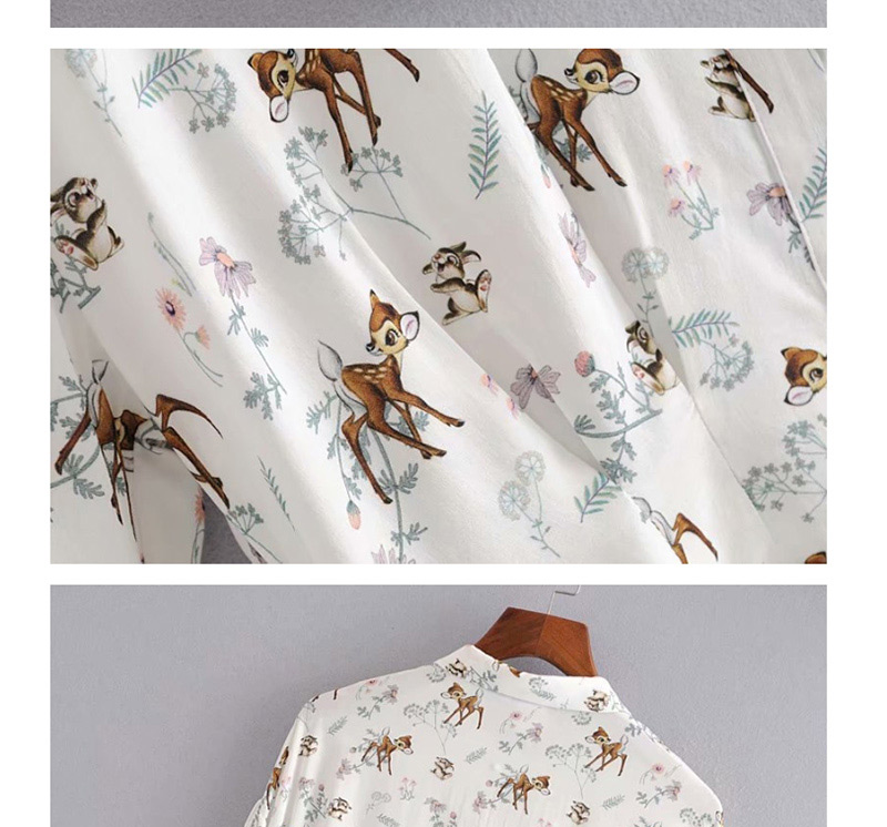 Fashion White Animal Flower Print Lapel Shirt,Blouses
