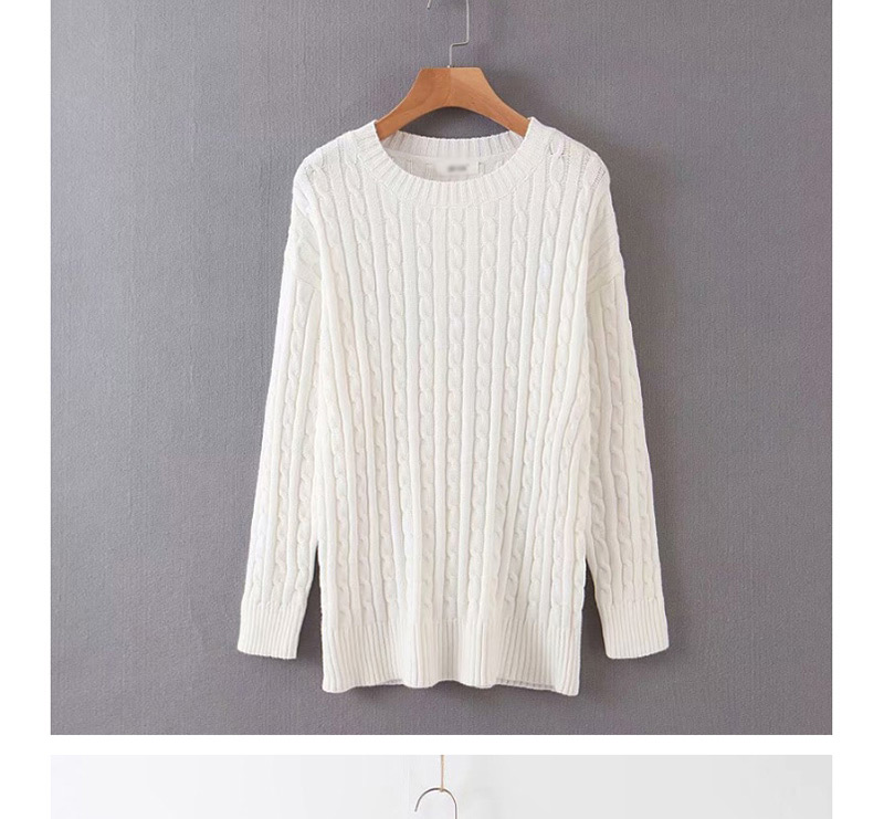 Fashion White Round Neck Small Twist Knit Sweater,Sweater