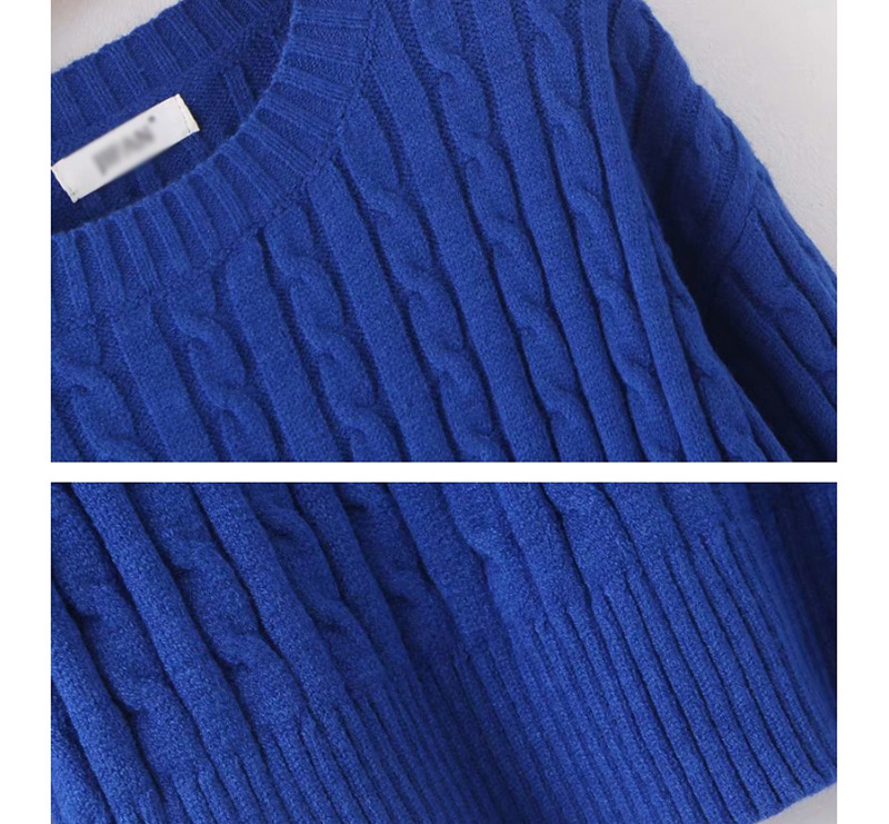 Fashion Blue Round Neck Small Twist Knit Sweater,Sweater