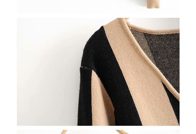 Fashion Black + Khaki Striped Cardigan Single-breasted Sweater,Sweater
