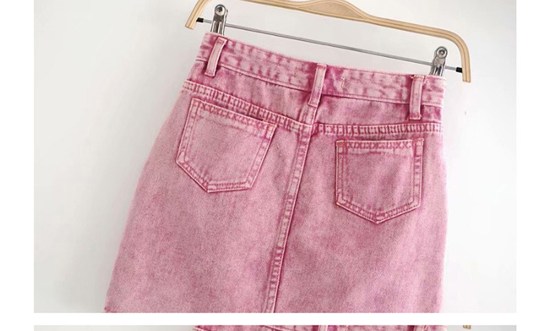 Fashion Pink Banded Washed Denim Skirt,Skirts