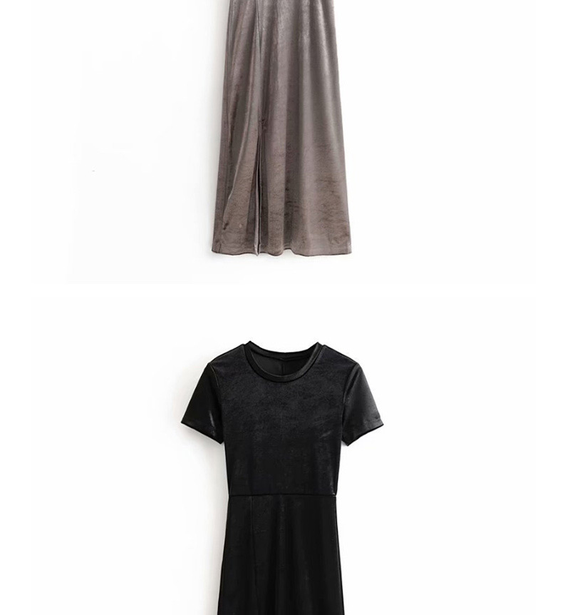 Fashion Black Velvet Split Short-sleeved Dress,Knee Length
