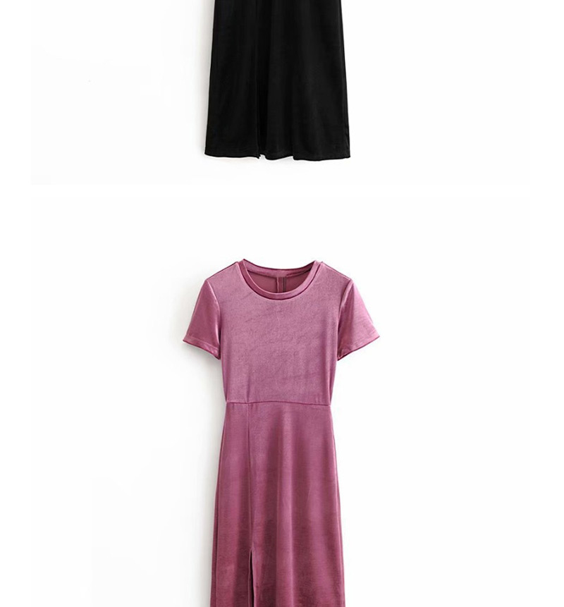 Fashion Black Velvet Split Short-sleeved Dress,Knee Length