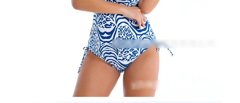  Blue Lace-up Print One-piece Swimsuit,Swimwear Plus Size