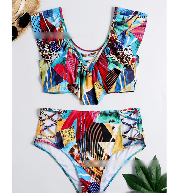  Green Flower Print High Waist Lotus Leaf Split Swimsuit,Swimwear Plus Size
