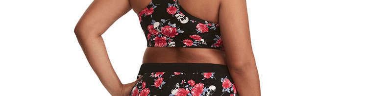  Black Flowers Printed High Waist Split Swimsuit,Swimwear Plus Size