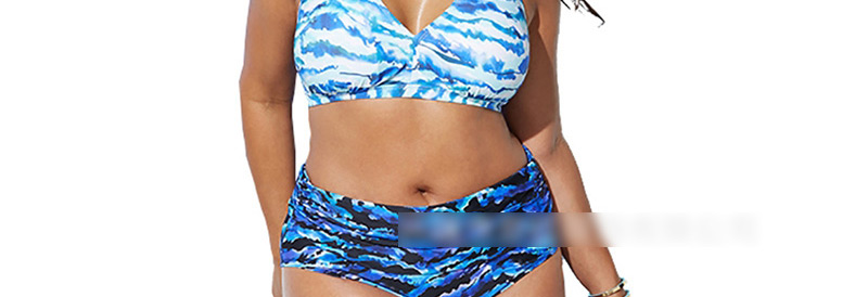  Blue Striped Gradient High Waist Split Swimsuit,Swimwear Plus Size