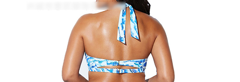  Blue Striped Gradient High Waist Split Swimsuit,Swimwear Plus Size