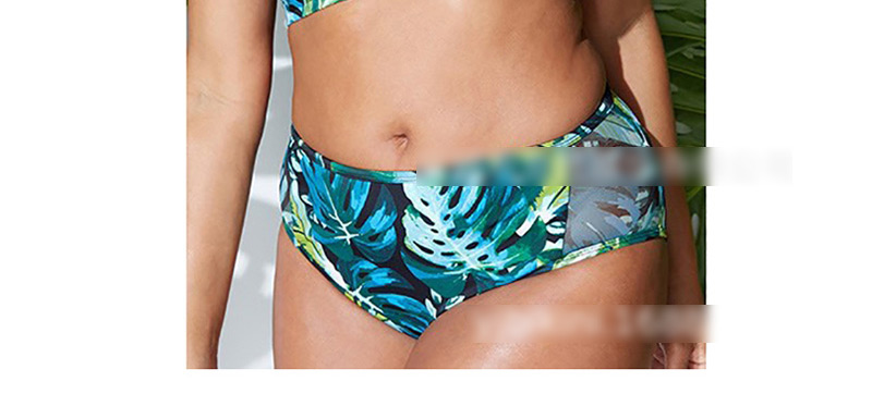 Blue Printed Green Leaf High Waist Split Swimsuit,Swimwear Plus Size