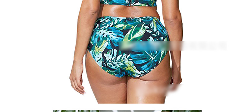  Blue Printed Green Leaf High Waist Split Swimsuit,Swimwear Plus Size