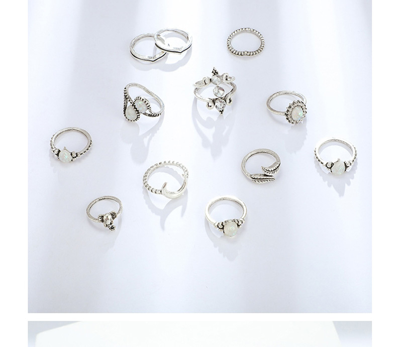 Fashion Silver Big Drops Elephant Leaf Moon Alloy Ring 12 Piece Set,Fashion Rings