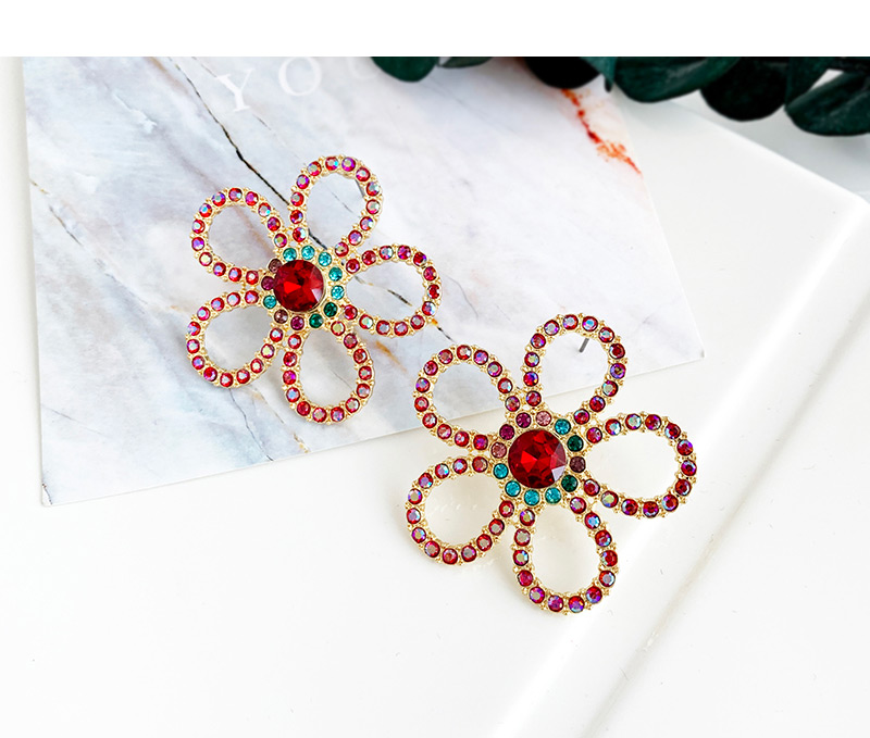 Fashion Red Alloy Diamond Flower Earrings,Stud Earrings
