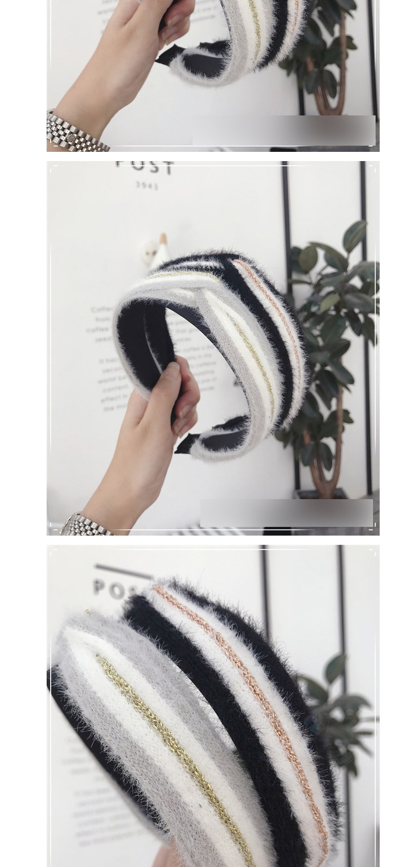 Fashion Khaki Water Bristle Stripes Contrast Color Cross Hooks Fine Side Headband,Head Band