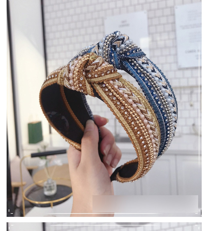 Fashion Blue Pearl Woven Knotted Wide-brimmed Headband,Head Band