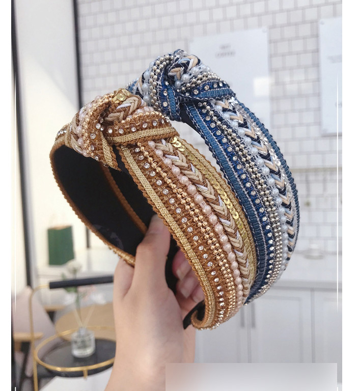 Fashion Blue Pearl Woven Knotted Wide-brimmed Headband,Head Band