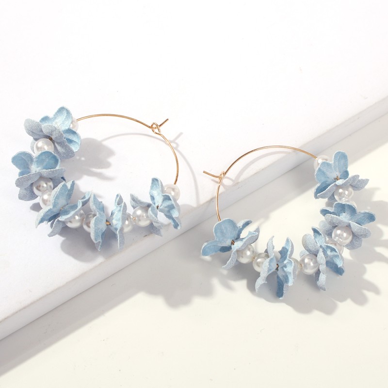 Fashion Navy Blue Alloy Pearl Non-woven Flower Earrings,Hoop Earrings